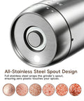 Sleek Stainless Steel Electric Salt And Pepper Grinder Set With Led Light, Adjustable Coarseness, Rechargeable Battery, Storage Base, Premium Automated Spice Mill For Modern Kitchen Gadgets showcasing stainless steel spout.