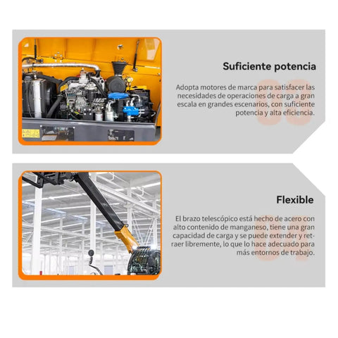 Kickass Workhorse Heavy Duty Telehandler Forklift With Long Telescopic Boom Designed For Rugged Job Site Material Handling And Rough Terrain Loading Tasks engine and telescopic boom details