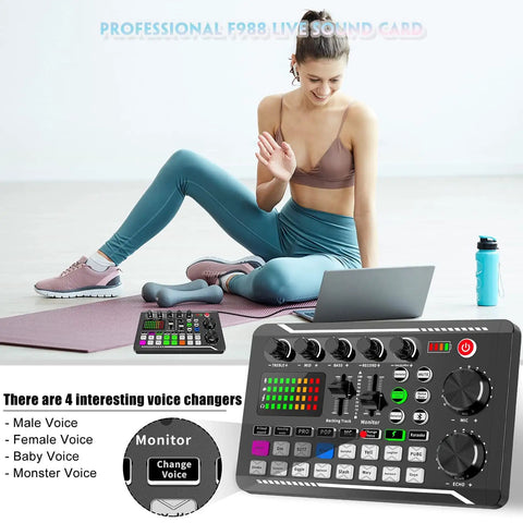 Pro Audio Mixer With F988 Live Sound Card And DSP Dual Chips, Bluetooth Ready, DJ Effects And Voice Changer on desk