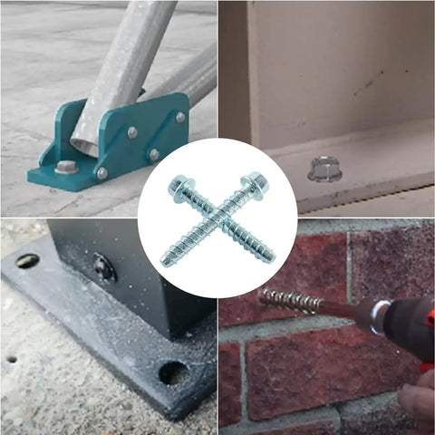 Heavy Duty 5/8 Inch By 6 Inch Hex Head Concrete Screws And Anchor Bolts 20 Pack Zinc Plated Carbon Steel, shown with installation demos.
