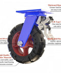 Rock Solid Heavy Duty Swivel Pneumatic Caster Wheels 12 Inch Rubber Tires Pack Of 2 closeup view showing blue base plate and locking brake mechanism.