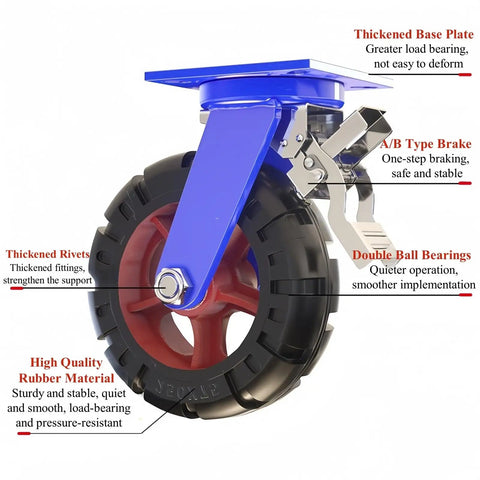 Rock Solid Heavy Duty Swivel Pneumatic Caster Wheels 12 Inch Rubber Tires Pack Of 2 closeup view showing blue base plate and locking brake mechanism.