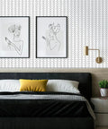 Black And White Peel And Stick Wallpaper with Herringbone Geometric Pattern in bedroom, 17.7 by 236.2 inches, removable contact paper.