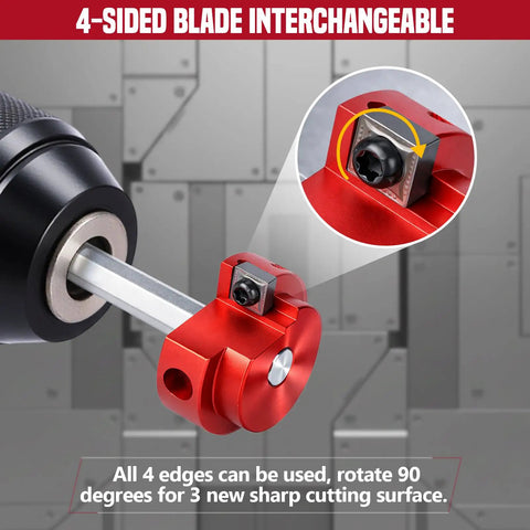 PVC Pipe Reamer Kit For Sch 40 CPVC ABS, lightweight aluminum fitting saver, close-up of 4-sided interchangeable blade.