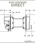 Heavy Duty Black Zinc Diecast Metal Gravity Latch With Key Lock And Keyed Alike Design dimensions schematic drawing.