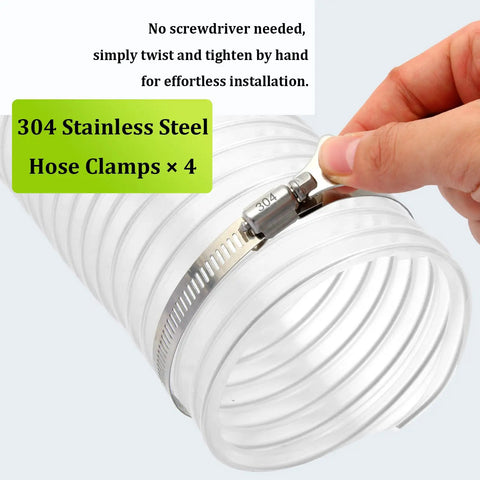 Hand tightening 304 stainless steel hose clamp on Clear 4 Inch Dust Collection Hose, Flexible 16 Foot PVC Debris Vacuum Tube