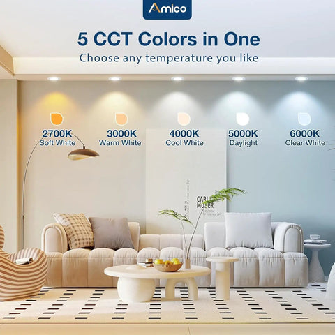 5 CCT color options for 16 Pack 5 To 6 Inch Recessed LED Can Lights With Baffle Trim Dimmable IC And Damp Rated 12.5W Equivalent To 100W 950 Lumens