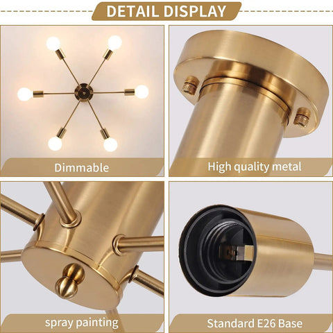 Gold Modern Sputnik Ceiling Light Chandelier With Six Heads Dope Semi Flush Mount Fixture For Living Room Bedroom Dining Kitchen And Office Space Modern Ceiling Lamp With Elegant Geometric Design And Symmetrical Light Spread