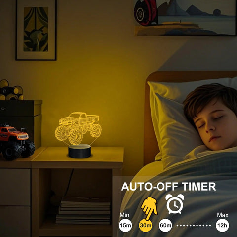 Child sleeping beside Lit 3D Monster Truck Night Light For Kids With 16 Color Changing LEDs Car Shaped Acrylic Lamp for bedroom decor.