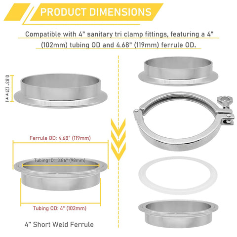 RIXIGOOD 4-inch stainless steel tri-clamp ferrules, 2 pcs, 304 stainless, short weld, with clamp and gasket shown