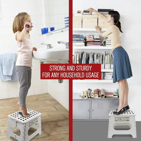 Kid and adult using Ultra Sturdy Folding Step Stool 11 Inch Open In A Snap for reaching in bathroom and library settings