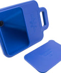 Top Shelf 2 Gallon Hopper Gun Paint Sprayer Featuring Slick Adjustable Nozzle And Quick 45 Degree Angle Adapter Soft Grip Trigger Smooth Flat Texturing For Drywall And Interior Floors blue container with removable lid for paint application.