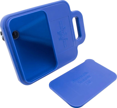 Top Shelf 2 Gallon Hopper Gun Paint Sprayer Featuring Slick Adjustable Nozzle And Quick 45 Degree Angle Adapter Soft Grip Trigger Smooth Flat Texturing For Drywall And Interior Floors blue container with removable lid for paint application.