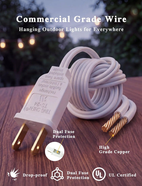Commercial grade wire with dual fuse for Outdoor String Light Set G40 100 Feet With 105 Edison Glass Bulbs on wooden surface