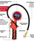 Heavy-Duty Digital Tire Pressure Gauge With Inflator, Clip-On Chuck, 20 Inch Air Hose, Easy Read 0.1 PSI Display, Pistol Grip, Pro Grade Build, 255 PSI Max, 1/4 Inch NPT, Made In USA, with 360° swivel head