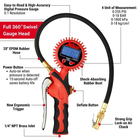 Heavy-Duty Digital Tire Pressure Gauge With Inflator, Clip-On Chuck, 20 Inch Air Hose, Easy Read 0.1 PSI Display, Pistol Grip, Pro Grade Build, 255 PSI Max, 1/4 Inch NPT, Made In USA, with 360° swivel head