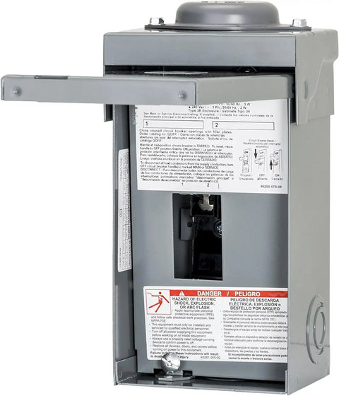 40 Amp Outdoor Load Center With Rainproof Cover And Top Entry Feeder Options, showing open panel and circuit diagrams