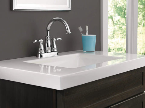 Two Handle Lavatory Faucet Chrome Finish With Eco Water Saving System Mid Arc Spout Stands 7 Inches High 5 Inch Reach Easy Grip Lever Handles Dope Upgrade For Modern Bathrooms