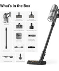 Game Changing Cordless Vacuum Cleaner With 850W Motor And 90 Minute Runtime Kicks Out Stubborn Pet Hair And Deep Grit, includes various attachments.