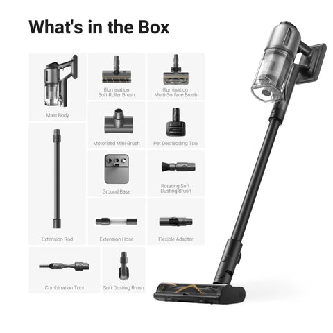 Game Changing Cordless Vacuum Cleaner With 850W Motor And 90 Minute Runtime Kicks Out Stubborn Pet Hair And Deep Grit, includes various attachments.