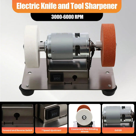 Heavy Duty Mini Benchtop Sander And Electric Spindle Grinder Featuring Ultra Quiet Brushless Motor And Adjustable Speed For No Sweat Woodworking Plus Killer Knife Crafting Projects, side view showing motor and grinding wheels.