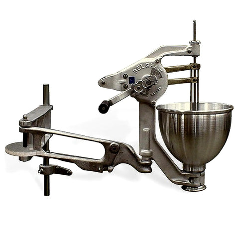 Straight Up Heavy Duty French Cruller Plunger Extruder For Commercial Donut Fryers And Bakery Hopper Machines with stainless steel bowl.
