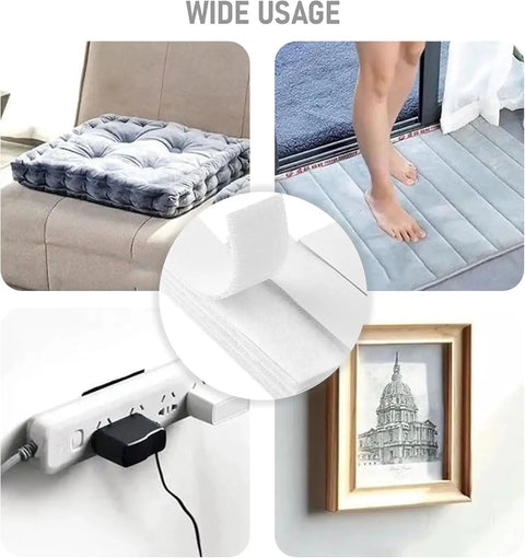 Slick White Hook And Loop Tape With Hella Strong Self Adhesive Backing For No Fuss Quick Fixes, used for securing cushions and organizing cables.