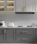 Modern kitchen with Brushed Brass Cabinet Pulls 8 Inch Center, 204mm Hole Centers on grey cabinets, gold hardware accent