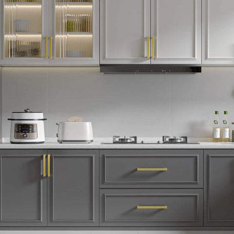 Modern kitchen with Brushed Brass Cabinet Pulls 6 1/4 Inch Square Bar Drawer Handles on gray cabinets