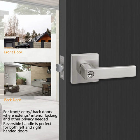 Keyed Entry Lever Lock for Exterior Doors, Reversible Handle on front and back door settings, Satin Nickel Finish