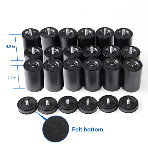12 Inch Adjustable Bed Legs Replacement Screw In Sets With Felt Bottoms compatible M8 M10, showing thick black risers with measurements.
