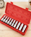 10 Piece E Star Socket Wrench Set Shop Grade Alloy Steel Mechanic Tools in red carry case on wooden table.
