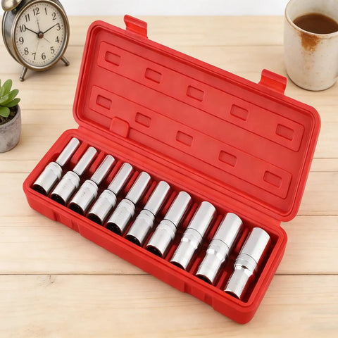 10 Piece E Star Socket Wrench Set Shop Grade Alloy Steel Mechanic Tools in red carry case on wooden table.