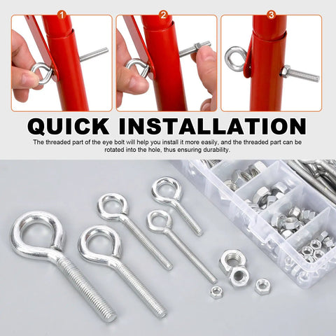 116 Piece Eye Bolt And Nut Set Kit For M5 M6 M8 M10 Zinc Plated Carbon Steel Eye Bolts Screws And Hex Nuts In Durable Plastic Storage Box For Home Workshop Or Garage Projects DIY Ready, quick install