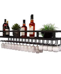 Heavy Duty Wall Mounted Wine Rack Featuring Premium Steel Construction Alongside Integrated Glass Storage Space Saving Profile, showcasing wine bottles and glasses.
