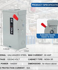 Heavy Duty 3 Pole Safety Switch 60 Amp 240 Volt Ac Disconnect Box With Fusible Breaker Quick Throw Handle, galvanized steel, NEMA 3R, dimensions 13.6x8.26x3.9 inches.