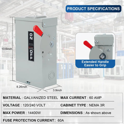 Heavy Duty 3 Pole Safety Switch 60 Amp 240 Volt Ac Disconnect Box With Fusible Breaker Quick Throw Handle, galvanized steel, NEMA 3R, dimensions 13.6x8.26x3.9 inches.