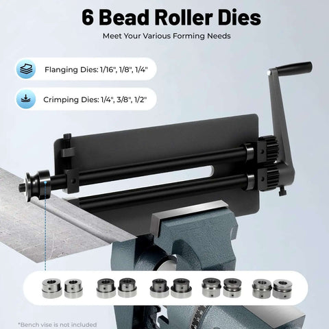 12 Inch Manual Bead Roller With 6 Die Set for sheet metal fabrication, shown on a bench vise, with detail of flanging and crimping dies.
