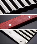 Collage of SPXTOM handheld crinkle cutter for veggies with stainless steel wavy blade and red wooden handle