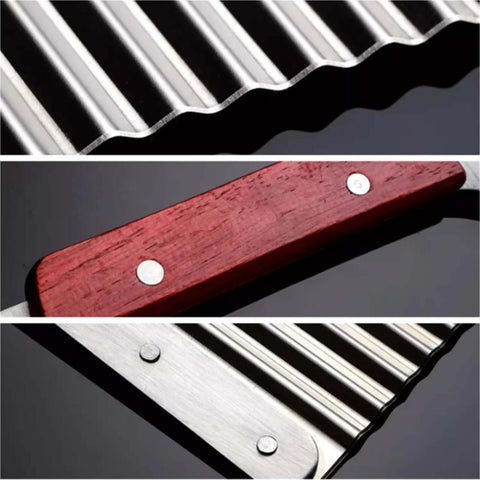 Collage of SPXTOM handheld crinkle cutter for veggies with stainless steel wavy blade and red wooden handle