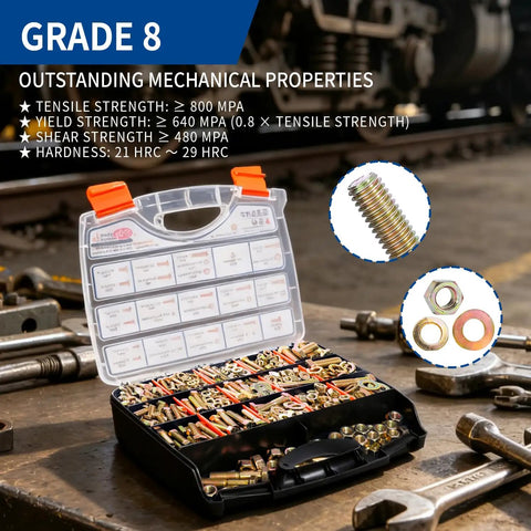 Heavy Duty Grade 8 Hex Bolts And Nuts Assortment Kit 980 Piece Set with yellow zinc plated fasteners in organizer box on a workbench.