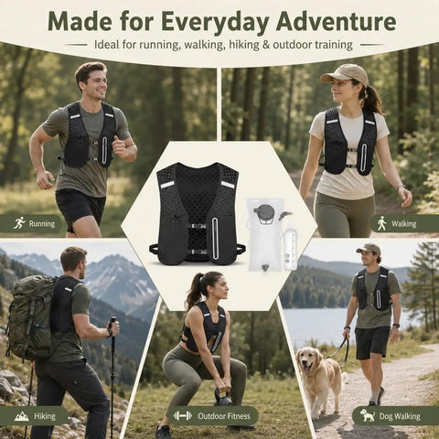 Collage of runners and hikers wearing No Bounce Hydration Vest For Running With 2L Bladder And 500ml Soft Flask in outdoor settings.