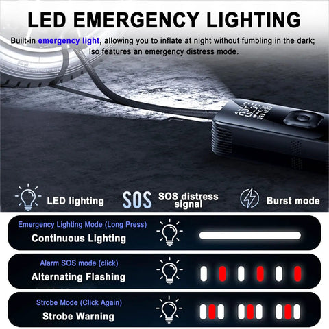Portable Digital Tire Inflator With Auto Shut Off And Bright Led Light 150 Psi Compact Air Pump showing LED emergency lighting modes.