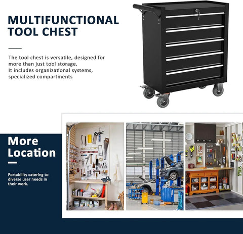 Heavy Duty 5 Drawer Metal Rolling Tool Chest With Wheels, Locking Storage Cabinet For Garage, Workshop, And Warehouse, Alloy Steel Construction Pro Grade With Powder Coated Finish, Mobile Toolbox in black