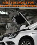 Manual Lever Chain Hoist 2 Ton 4400 Lbs Capacity 10 Ft Reach in use lifting car hood in garage, showing G80 carbon steel construction.