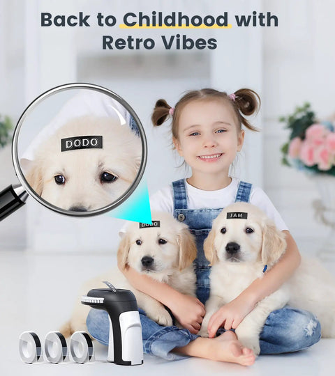 Child with puppies labeled using Retro Manual Embossing Label Maker With 9mm Tapes, Vintage 3D Raised Letters in a home setting.