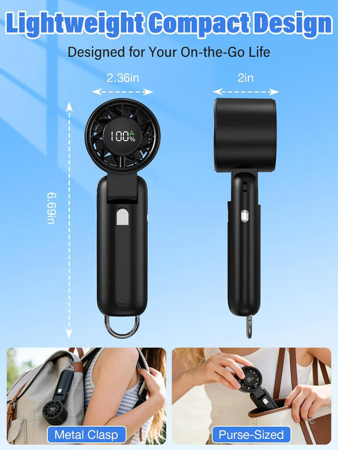 Turbo Handheld Personal Fan With 12,800 RPM Power, 7-Blade High-Speed Portable Mini Fan with size dimensions and compact design