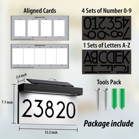 Solar Powered House Numbers Address Plaque With Adjustable Solar Panel And Three Color Lighting For Outdoor Use Waterproof Lighted Address Sign Includes Numbers 0 1 2 3 4 5 6 7 8 9 And Letters A, package includes numbers, letters, tools, and alignment cards shown.