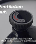 Close-up of ventilation nut with off and on markings, shown on a black tank, highlighting the switch for tank ventilation control.
