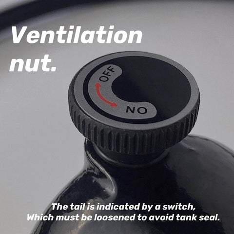 Close-up of ventilation nut with off and on markings, shown on a black tank, highlighting the switch for tank ventilation control.